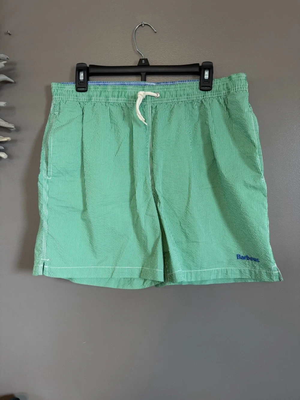 NWT Men’s‎ Barbour swimming shirts in green and white pin stripe.